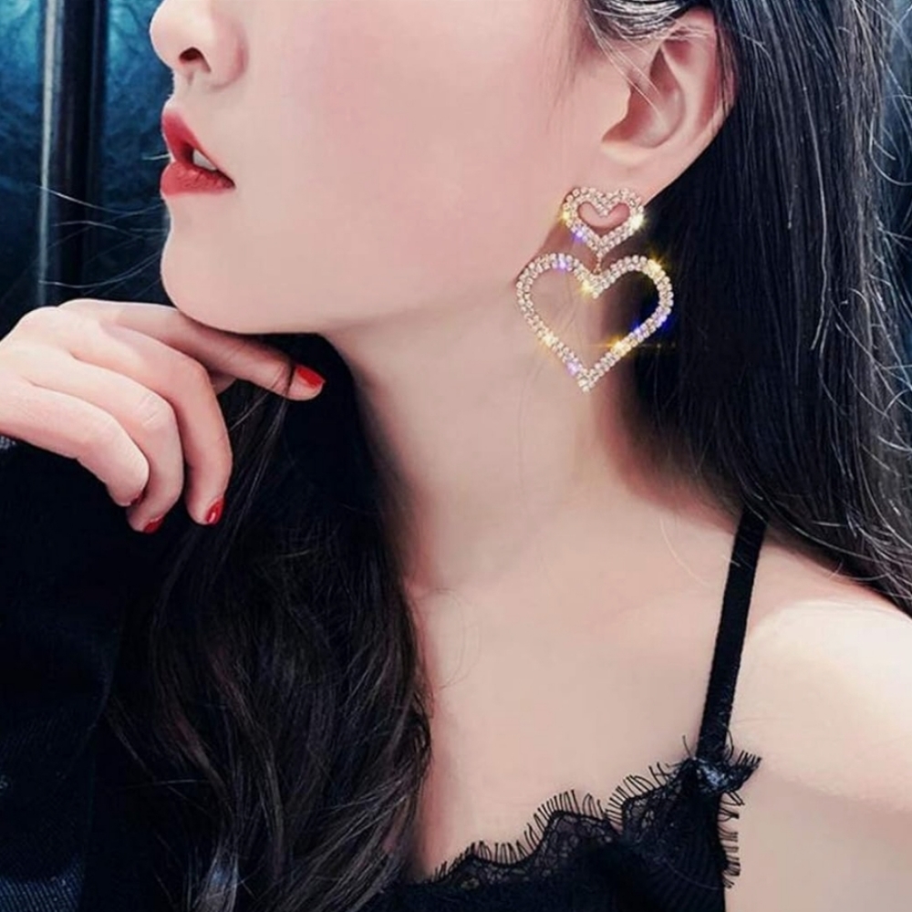 Rhinestone Heart Drop Earrings Statement Earrings Gold or Silver - Picture 2 of 13